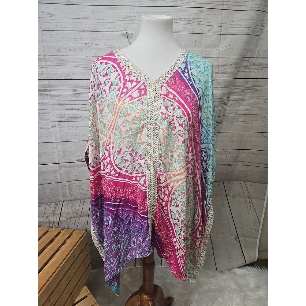 Chico’s Poncho Top Lace Detail Women’s S/M Boho Resort Beach Colorful V Neckline